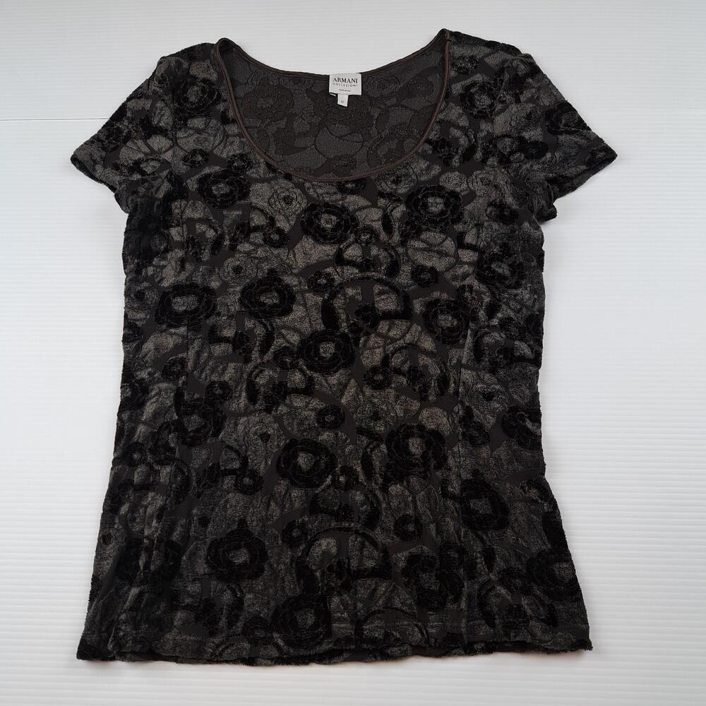 Armani Collezioni Blouse Womens 12 Black Floral Velvet Scoop Neck Short Sleeve